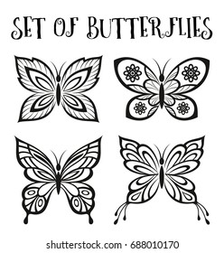 Ajuste los pictogramas negros monocromos mariposas aislados en fondo blanco. Vector