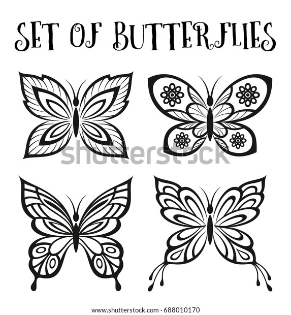 白い背景に白黒の絵文字に蝶を設定します ベクター画像 のベクター画像素材 ロイヤリティフリー