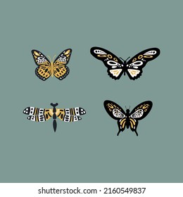 A set with butterflies and other insects. Illustrations of flying species. Colored winged moths, dragonflies, doodle butterflies. Vector illustration