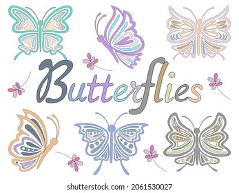 Set of butterflies in pastel tones designed in doodle style for templates, posters, cards, fabric prints, t-shirts, fashion, mugs, backgrounds, templates, pillow patterns, bag patterns, diy and more.