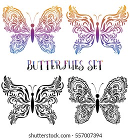 Set Butterflies Pictograms, Colorful and Contours Floral Ornament Isolated on White Background. Vector