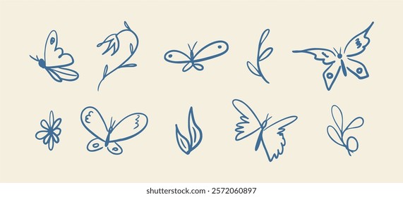 Set of butterflies and plants icons isolated on light background. Collection of hand drawn butterflies. Design elements for your project. Vector illustration