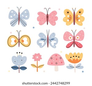 Set of butterflies in Scandinavian folk style. Multicolored butterflies, flowers and mushrooms.