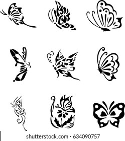 Set of butterflies silhouettes. Butterfly icons isolated on transparent background. Vector illustration. Collection