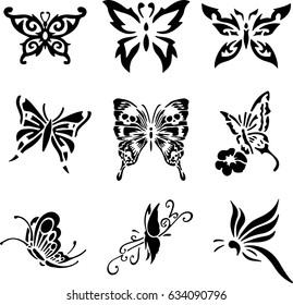 Set of butterflies silhouettes. Butterfly icons isolated on transparent background. Vector illustration. Collection