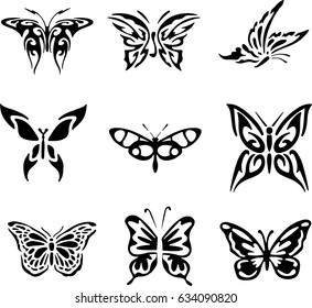 Set of butterflies silhouettes. Butterfly icons isolated on transparent background. Vector illustration. Collection