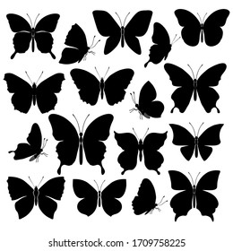 Set of butterflies silhouettes isolated on white background. Decorative design elements. Vector illustration.