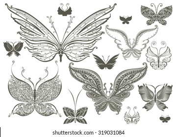 Set of butterflies silhouettes isolated on white background in vector.