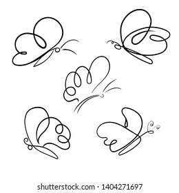 Set of butterflies, sketch in black lines. Vector illustration isolated on white background.