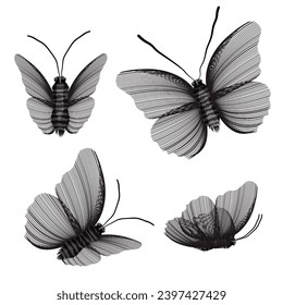 Set of butterflies in sketch style, plain on a white background. Eco-themed design.