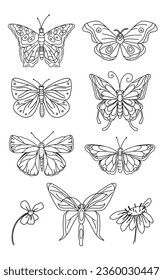 A set of butterflies. Sketches, doodle style. Illustrations by hand. White background. Vector illustration. 