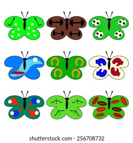 Set of butterflies with sports icons on the wings