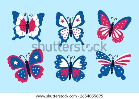 Set of butterflies in the style of the 4th of July celebration. Vector graphics.
