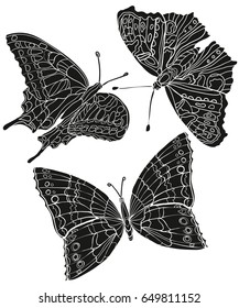 Set of butterflies for tattoo. Stencil. Vector illustration. Black and White. Decorative butterfly.