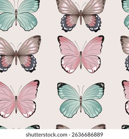 Set butterflies in various colors seamless pattern. Beautiful Butterfly vector illustration with wings spread out flying. Girly continuous background. Children's art.