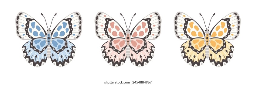 Juego de mariposas, Ilustración vectorial. Alas de insecto con adorno abstracto, vista frontal, un símbolo para el diseño del tatuaje. Fondo de verano