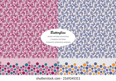Set of butterflies vector repeat patterns with 2 horizontal seamless borders. Great for fashion fabric, textile, wrapping, backgrounds and packaging projects
