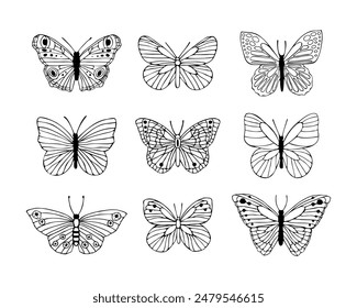 Conjunto de boceto de Vector de mariposas. Ilustración dibujada a mano de insectos con tintas pintadas por negro sobre fondo aislado. Dibujo gráfico monocromo en estilo de arte de línea para diseño, logotipo, tatuaje, tarjeta 