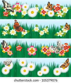 A set of butterflies and wildflowers. The illustration on a white background.