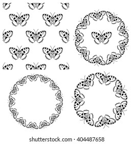 Set of  butterflies wreaths and seamless pattern. Vector design elements for greeting card, wedding invitation, product package, wrapping paper, book cover, fabric, label, logo, scrapbook.