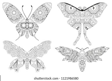 Set of butterflies zentangle styled with clean lines for coloring book for anti stress, T - shirt design, tattoo and other decorations