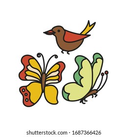 Set of butterfly and bird simple. Colored illustration on a white background.