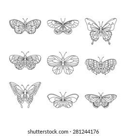 Set of butterfly, black outline, vector illustration