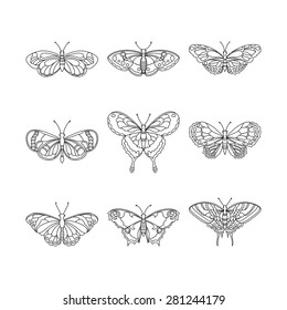 Set of butterfly, black outline, vector illustration