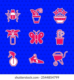 Set Butterfly, Broken pot, Wheelbarrow with dirt, Cactus peyote in, Water spray bottle, Exotic tropical plant, Flower vase and Beetle bug icon. Vector