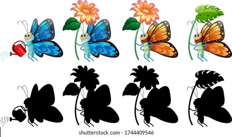 Set of butterfly cartoon and its silhouette illustration