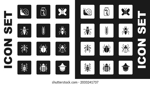 Set Butterfly, Centipede, Termite, Snail, Ant, Fireflies bugs in jar, Stink and Mosquito icon. Vector