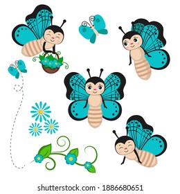 Set of butterfly characters isolated on white. Vector illustration.