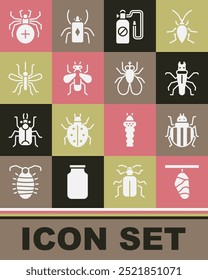 Set Butterfly cocoon, Colorado beetle, Termite, Pressure sprayer, Insect, Mosquito, Spider and  icon. Vector