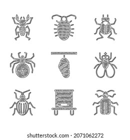 Set Butterfly cocoon, Hive for bees, Chafer beetle, Insect, Spider, Beetle bug and deer icon. Vector