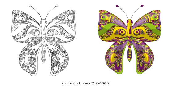  Set butterfly. Coloring page for adults antistress in zentangle style. Vector illustration isolated on white background. EPS10.