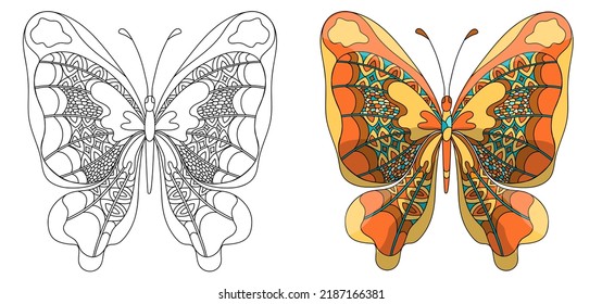  Set butterfly. Coloring page for adults antistress in zentangle style.