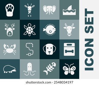 Set Butterfly, Dog bone, Cow head, Elephant, Turtle, Deer with antlers, Paw print and Puffer fish icon. Vector