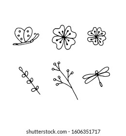 Set of butterfly, dragonfly, flower, twigs. Hand drawn stock vector illustration. Doodle style isolated on white background. Use for greeting card and invitation elements.