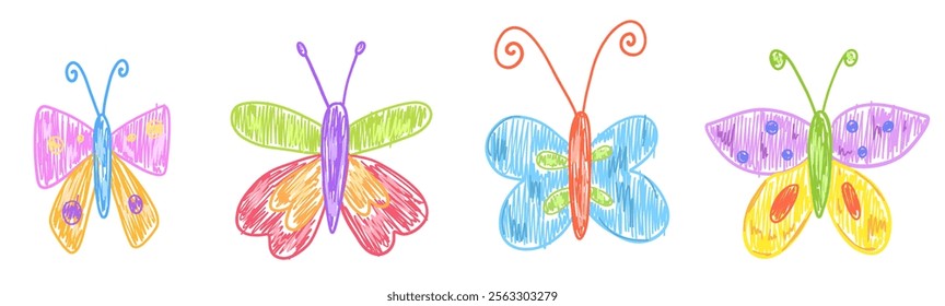 Set of butterfly drawing with crayon. Vector illustration