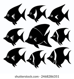 Set of Butterfly Fish animal black silhouettes vector on white background