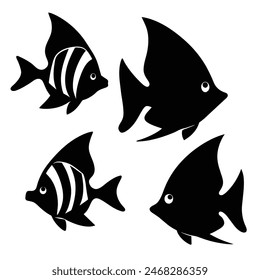 Set of Butterfly Fish animal black silhouettes vector on white background