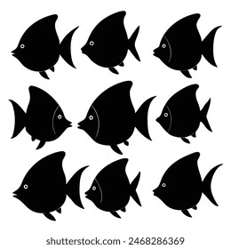 Set of Butterfly Fish animal black silhouettes vector on white background