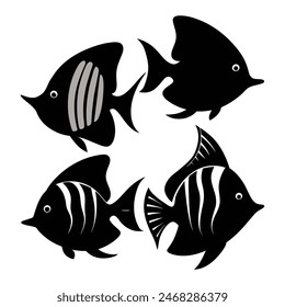 Set of Butterfly Fish animal black silhouettes vector on white background