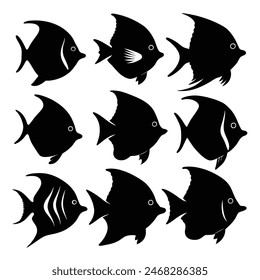 Set of Butterfly Fish animal black silhouettes vector on white background