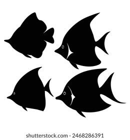 Set of Butterfly Fish animal black silhouettes vector on white background