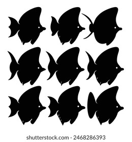 Set of Butterfly Fish animal black silhouettes vector on white background