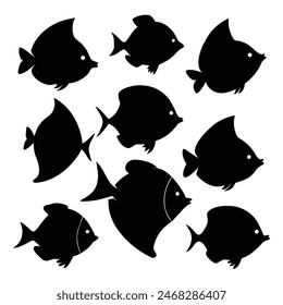 Set of Butterfly Fish animal black silhouettes vector on white background