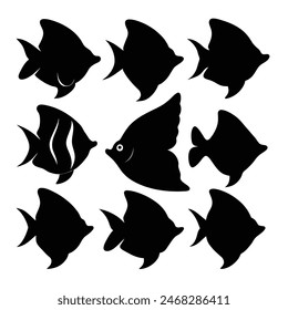 Set of Butterfly Fish animal black silhouettes vector on white background