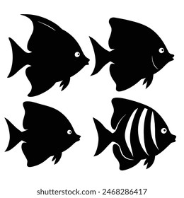 Set of Butterfly Fish animal black silhouettes vector on white background