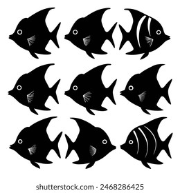 Set of Butterfly Fish animal black silhouettes vector on white background